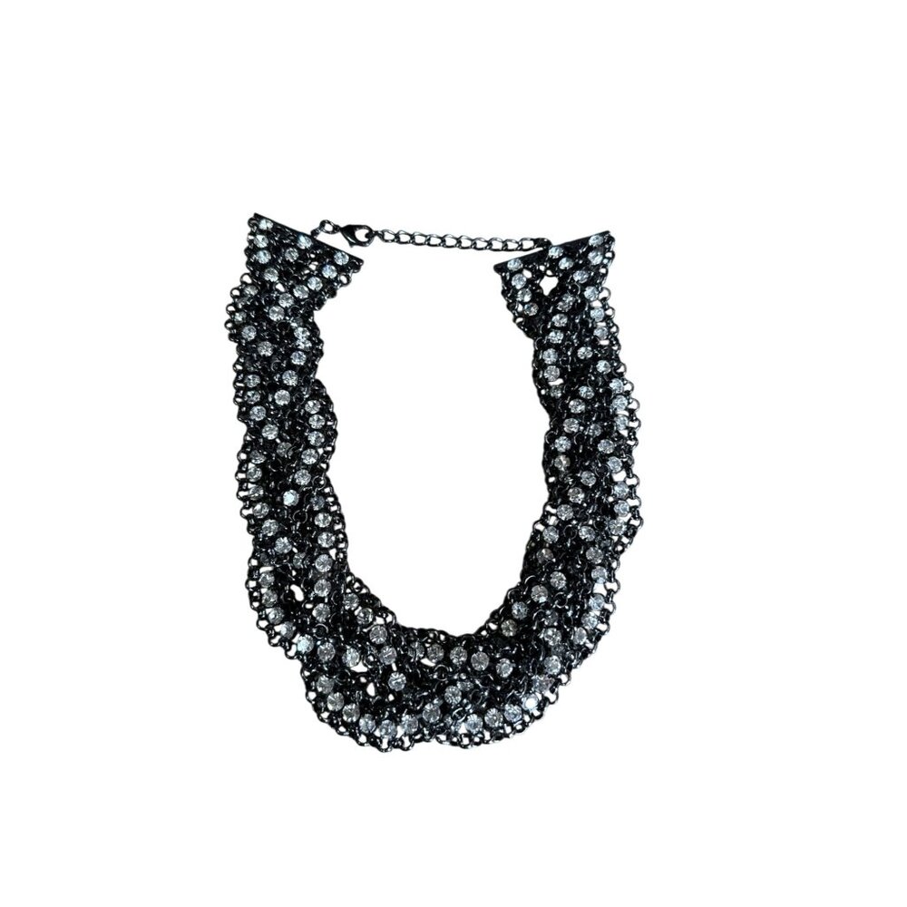 Vintage Black Metal Braid Chain Collar Necklace With Rhinestones 21" Long - Picture 2 of 4